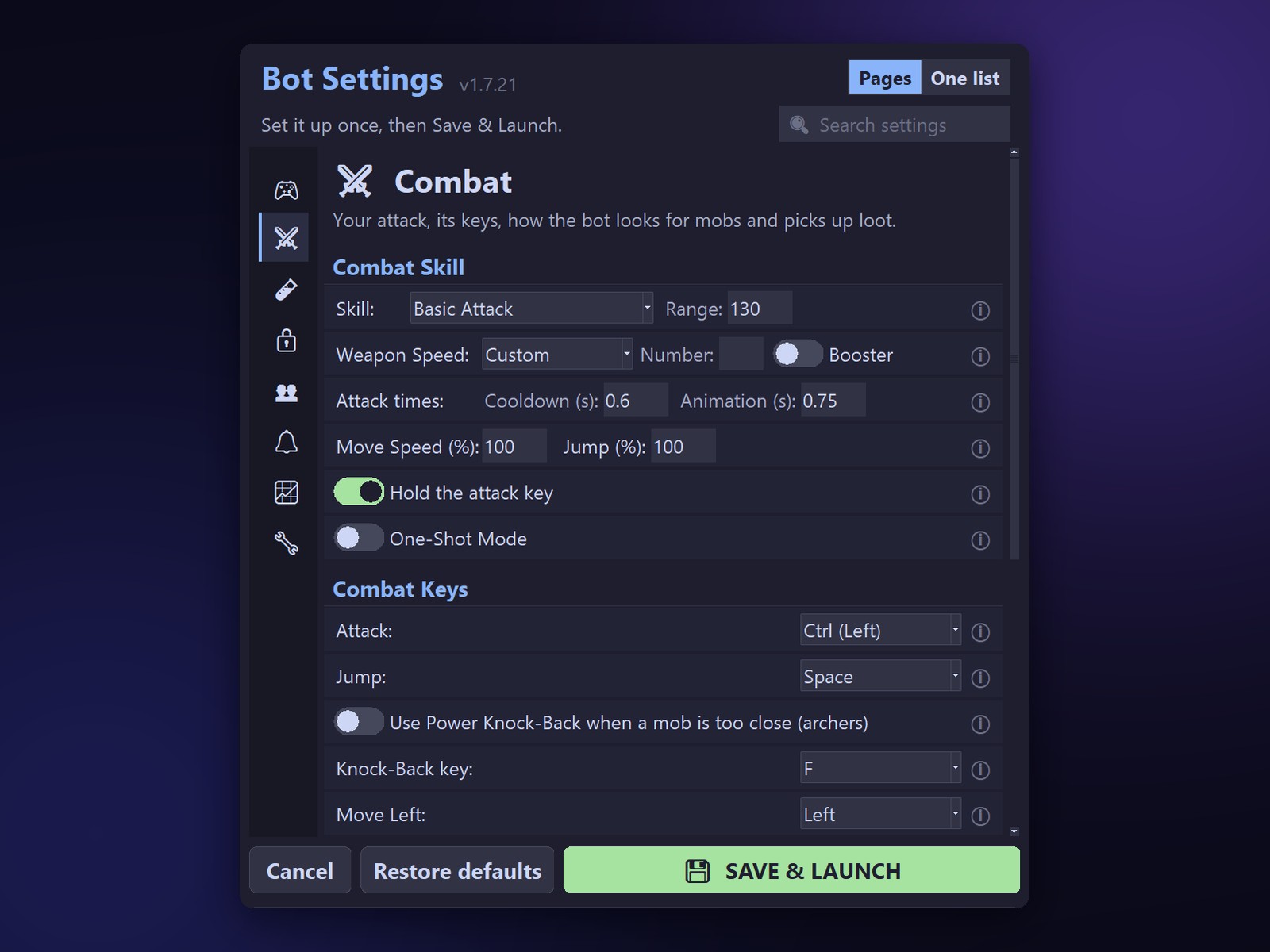 The MesoMind Bot Settings window