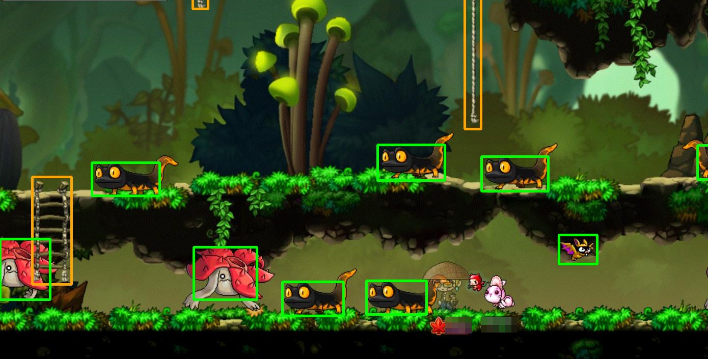 The bot's vision on a training frame: every mob boxed in green, ropes and ladders in orange